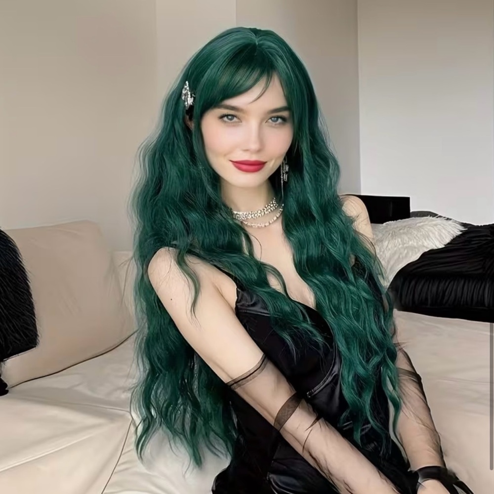28” Long Deep Dark Green Loose Curls Wavy Wig Bangs Synthetic Fibres 28 inch